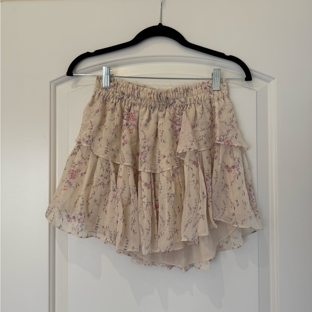 LoveShackFancy Cream and Pink Floral Mini Skirt